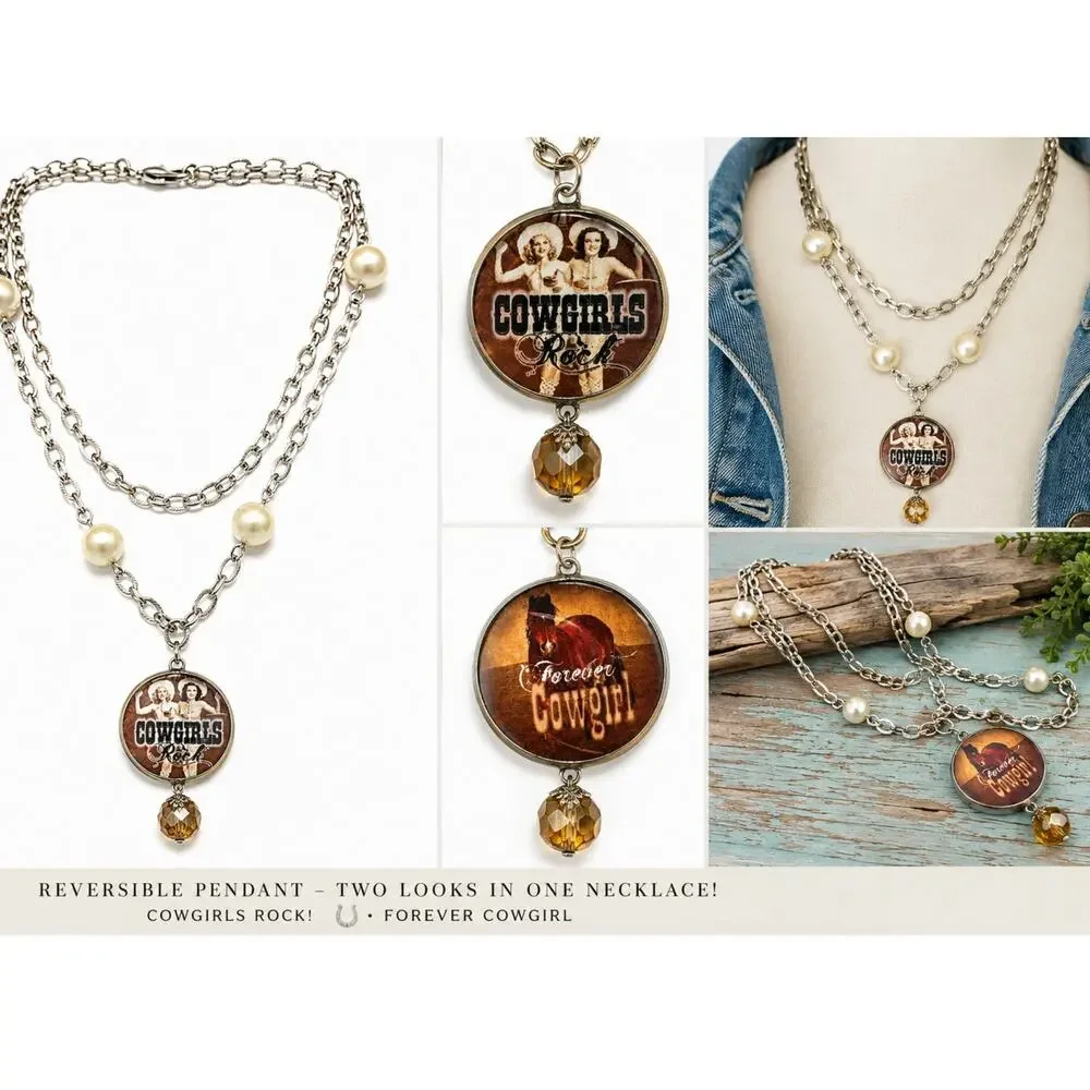 Cowgirls Rock Reversible Necklace Horse Pin Up Western Rodeo Pearl Statement